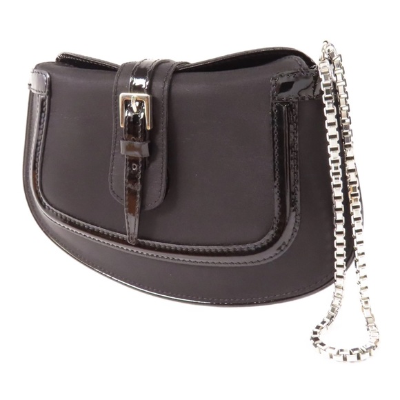 Tod\'s SHW Black Clutch Bag Nylon w/ Patent Leather Trim & Silver Chain Strap